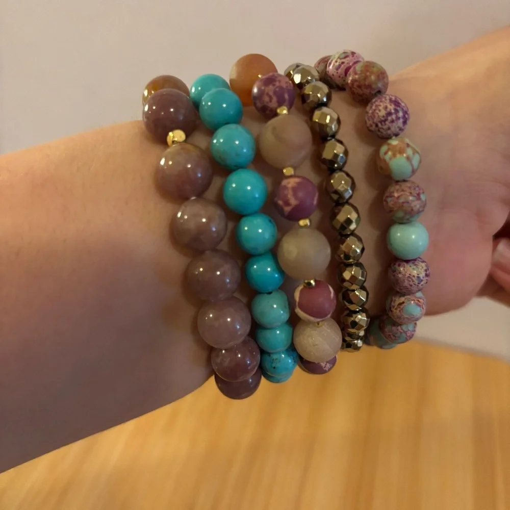 Handmade Gemstone Bracelet Stack Set of 5 NWT Turquoise Jasper Strawberry Quartz